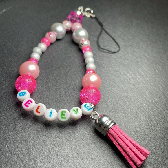 Artisan Other - Cellphone Charm Bracelet Fob Toggle Pink and Gray Kids Beaded Bracelet Tassel